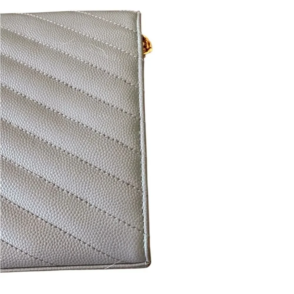 Auth Saint Laurent Gray Caviar Quilted Cassandre Wallet On Chain (WOC) Clutch
